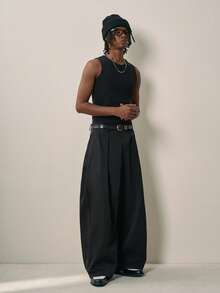 Sonviro Men's Casual Street Style Black Loose Straight Leg Commuter Pants Wide Leg - Black - View 3