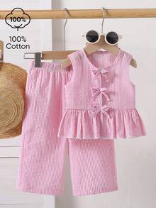 SHEIN Playful Pals 2件套女婴幼儿/新生儿0-3岁春夏休闲甜美日常度假条纹梭织无袖上衣和阔腿裤两件套 - 粉色 - 查看 5