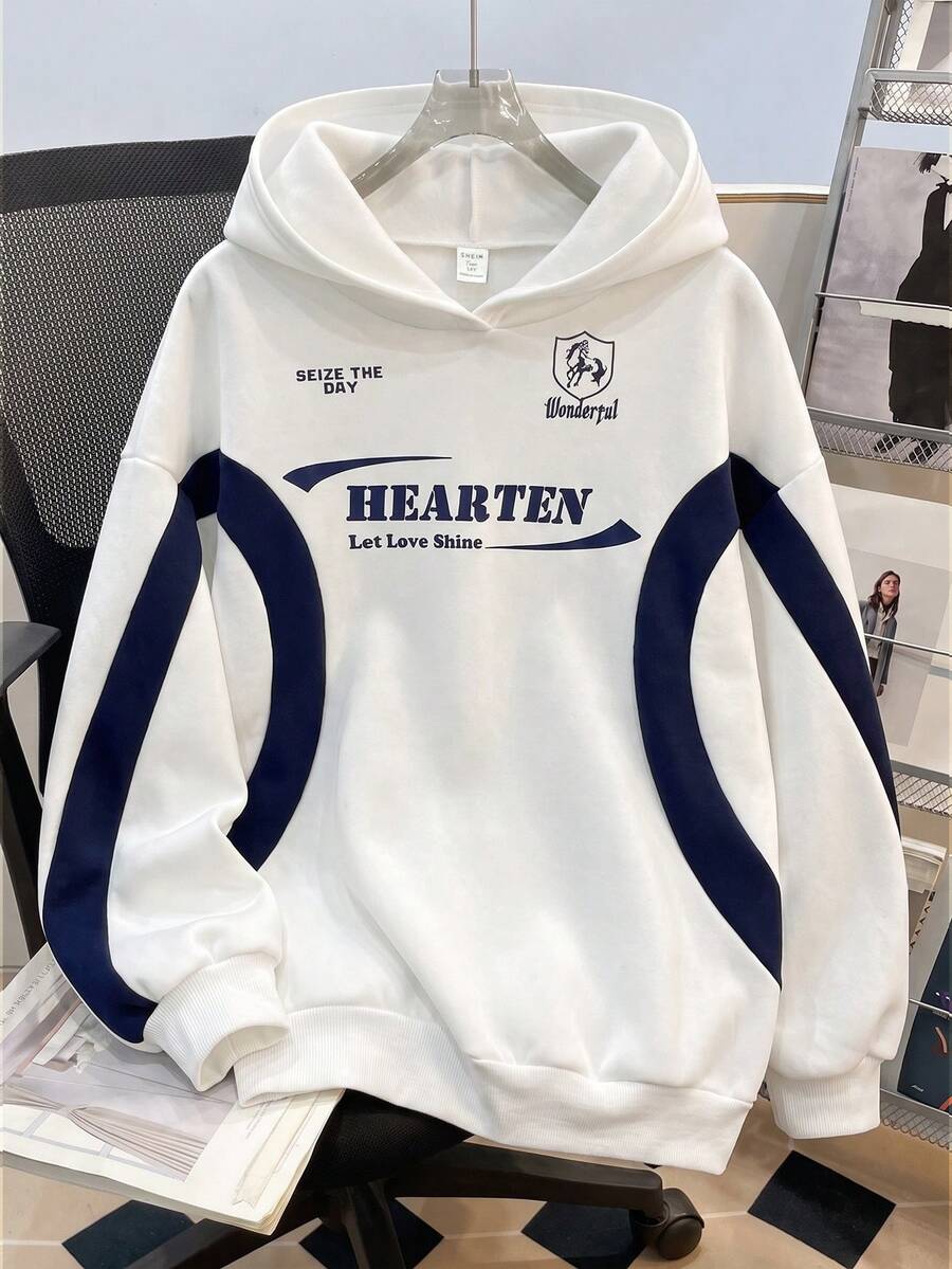 SHEIN 青少年女孩針織拼色字母印花寬鬆休閒衛衣 - 藍白色 - 查看 1