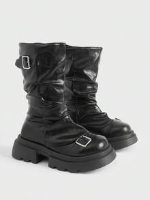 Sugerpunk Women's Fashion Versatile Chain Decor Thick Sole Wedge Ankle Boots - Black matte - View 1