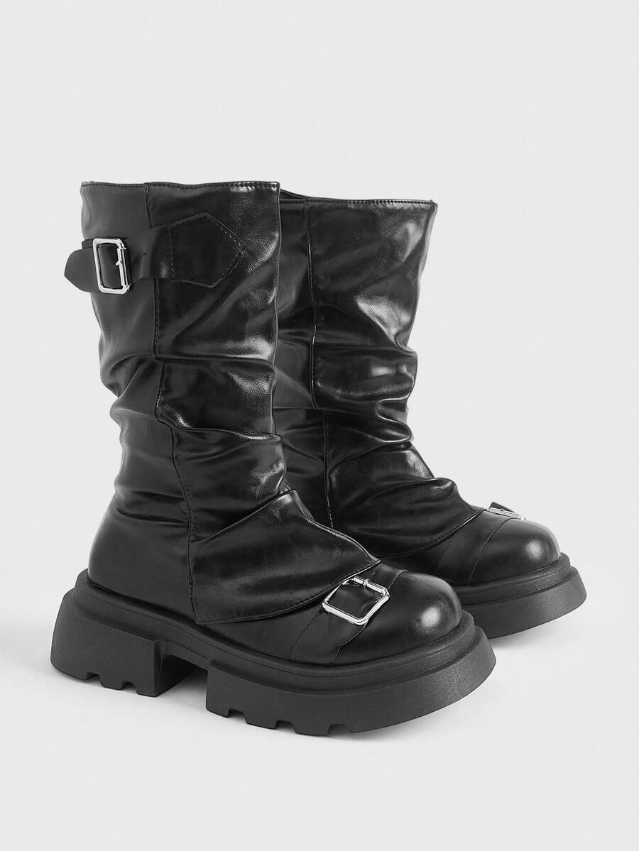 Sugerpunk Women's Fashion Versatile Chain Decor Thick Sole Wedge Ankle Boots - Black matte - View 1