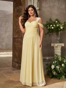 Aureia Plus Size Fashion Elegant Butter Yellow Elastic Mesh Fabric Strapless One Shoulder Ruched Bodycon A-Line Skirt Suitable For Wedding Bridesmaid Spring - Yellow - View 8
