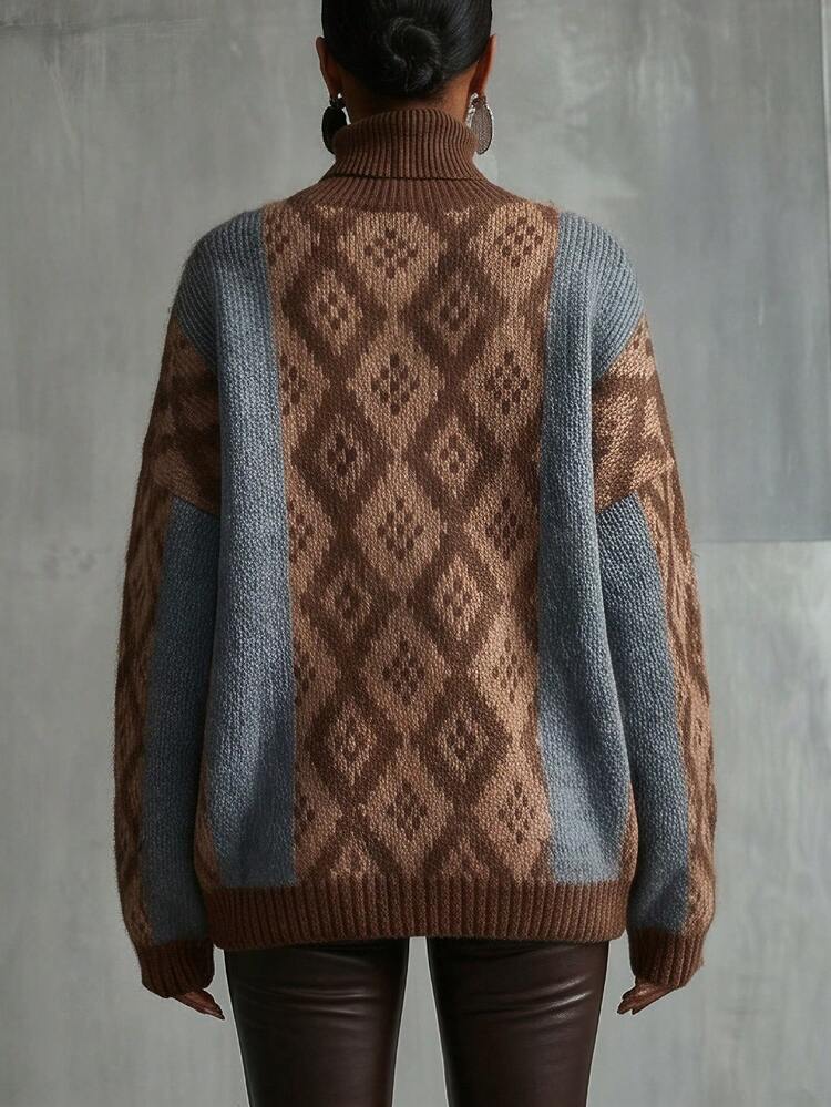 Glimmora Maillard Colorblock Diamond Jacquard American Vintage Streetwear Date Relaxed Fit Loose Crew Neck Slimming Drop Shoulder Oversized Sweater - MultiWarna - View 2