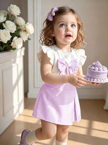 Souflis Souflis 6-9M-2-3Y 嬰兒女童 2 件套，甜美蝴蝶結裝飾飛袖圓領上衣 & 彈性腰粉色開衩短褲，適合日常穿著、聚會及其他場合 - 紫色 - 查看 5
