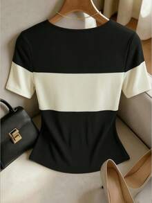 GlowEve CURVE Plus Size Women's Casual Fitted Short Sleeve Contrast Color Patchwork Ribbed T-Shirt, Black And Apricot Top, Spring Summer Top, Beach, Elegant Party Top, Casual Top, Wedding Guest Top, Vacation, Graduation Top, Birthday Top, Summer Holiday, Office Commuter Wear, Country Style - Black - View 2
