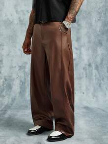 INCRYTM Men's Casual Solid Color Slant Pocket Loose PU Leather Pants - Brown - View 1