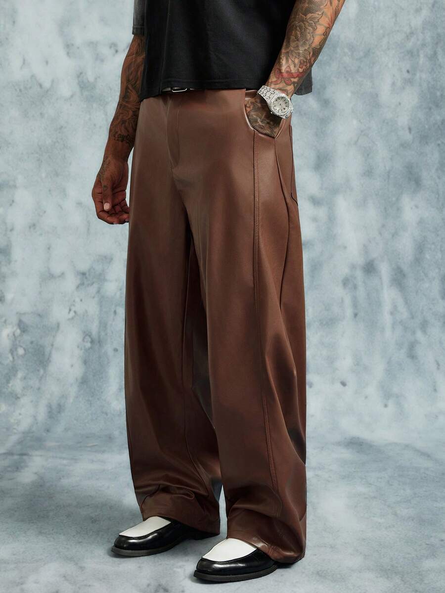INCRYTM Men's Casual Solid Color Slant Pocket Loose PU Leather Pants - Brown - View 1