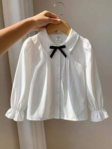 SHEIN 少女款學院風休閒可愛百搭白色蝴蝶結長袖襯衫，適合畢業季、返校季與返校舞會 - 白色 - 查看 10