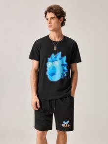 Strevion 男士夏季時尚 Rick And Morty 小蜜蜂圖案印花字母圖案運動短袖T恤與短褲2件組休閒日常套裝 - 黑色 - 查看 4