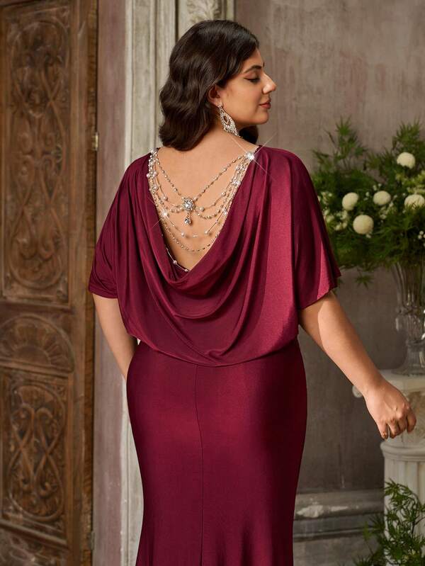 Elitara Plus Size Elegant Fashionable Dignified Burgundy Smooth Glossy Knit Fabric, Soft Pleated Loose Sleeve Design, Delicate Waist Gathering, Exquisite Diamond Chain Decoration Back Mermaid Long Dress, Suitable For Vacation, Ball, Wedding Guest Events, Formal Evening Gown