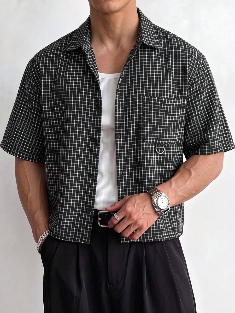 ESTAVOR 男士格紋單排扣休閒百搭日常通勤短袖襯衫 - 黑色 - 查看 1