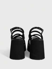 Sugerpunk Women's Wedge Heel Platform Sandals Retro Punk Style Gothic Street Style Solid Color Versatile Cross-Strap Y2k Sandals - Black - View 5