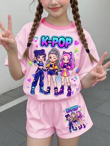 女孩休閒簡約卡通女孩肖像 K-Pop 超級巨星 卡通女團印花圖案 米白色 短袖 T 恤與短褲 2 件套 夏季適用 - 彩色 - 查看 2