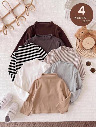 LMoss Kids Baby Girl 4pcs Knitted Solid Color Striped Stand Collar Fitted Casual Winter Top Set