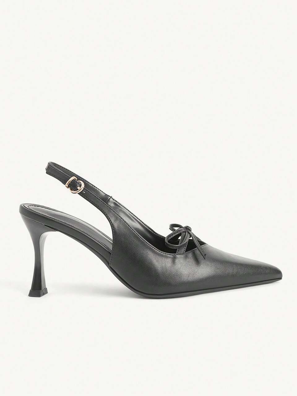 CUCCOO CHICEST Women's Front Bow Back Strap High Heels, Pointed Horn Middle Heel Shoes, Elegant Black Imitation Leather Fashion Shoes, Workplace Dating Daily