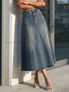 DAZY Spring Summer Autumn New Women's Casual Style Washed Pocket A-Line Denim Skirt - Dark Wash - View 4