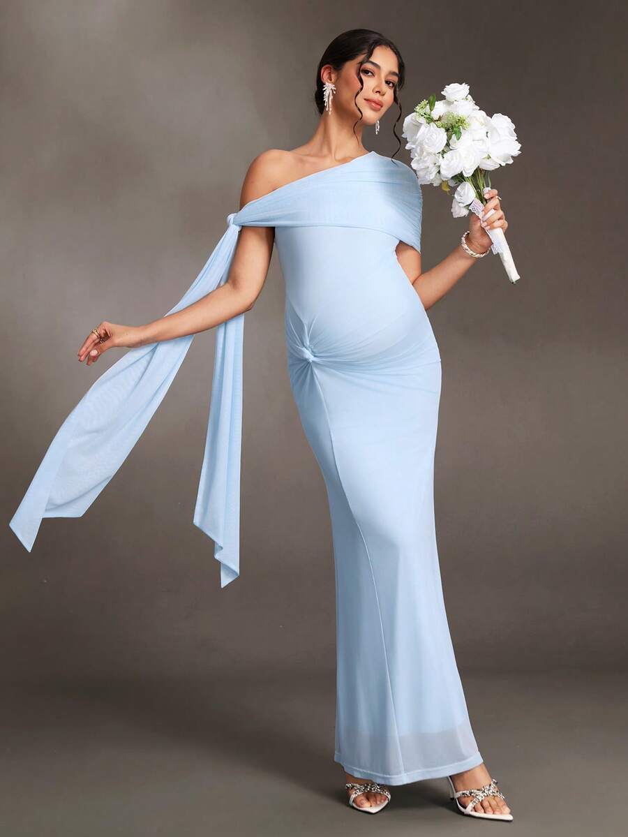 Cheriluna Maternity 孕婦藍色不對稱單肩繫帶拍照禮服 - 淺藍色 - 查看 1