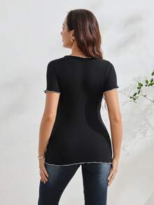 GentleRue Maternity French Style Colorblock Flutter Sleeve Pure Cotton Maternity Top, Ruffle V-Neck Slimming Maternity Blouse, High Elastic Knit Maternity T-Shirt Summer Wear - Black - View 2