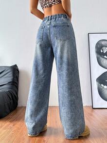 SHEIN Teen Girl Casual Washed Wide Leg Jeans - Medium Wash - View 2