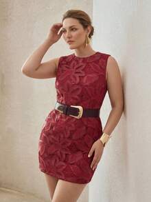MOTF PREMIUM PLUS SIZE WOMEN'S PU LEATHER HOLLOW EMBROIDERY TANK DRESS WITHOUT BELT FALL - Red - View 4