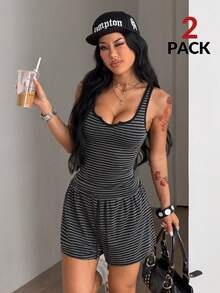 Coolane 2 Stücke Damen Lässig & Romantisch Gestreiftes Crop Top und Shorts Set - Verschiedenfarbig - Übersicht 3