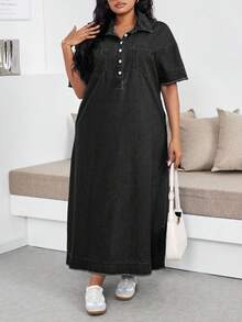 SHEIN Lady Plus Size Denim Dress Casual Short Sleeve Long Blue - Black - View 8
