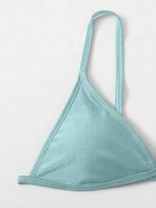 SHEIN Swim 女士夏季沙滩纯色吊带比基尼和三角泳裤泳装套装 - 淺藍色 - 查看 3