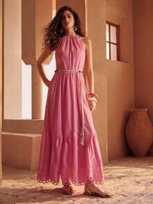 MOTF PREMIUM GAUN HALTER BORDIR KATUN BERONGGA UNTUK WANITA, MUSIM SEMI/PANAS - Watermelon Pink - View 7