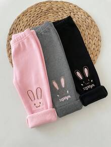 SHEIN 女嬰可愛休閒針織多用途純色刺繡卡通圖案鬆緊腰長褲三件套 - 彩色 - 查看 3