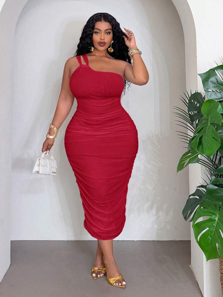 Slaydiva Plus Size Women Solid Color One Shoulder Ruched Casual Party Dress - Red - View 1