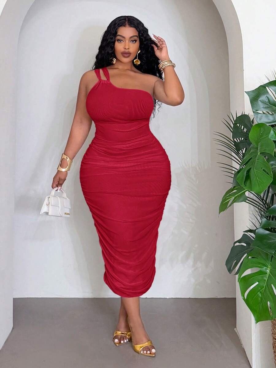 Slaydiva Plus Size Women Solid Color One Shoulder Ruched Casual Party Dress - Red - View 1