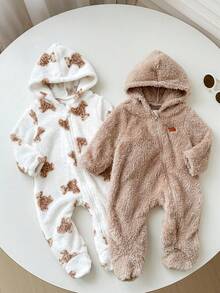 SHEIN 2pcs Newborn Baby Boy Baby Girl Autumn/Winter Cute Casual Cartoon Bear Pattern Fuzzy Hooded Footed Romper Set, Unisex Baby Clothes, Baby Winter Clothes - Multicolor - View 6