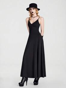 SHEIN LUNE Casual Embroidered V-Neck Spaghetti Strap Dress - Black - View 5