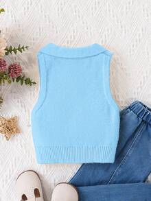 SHEIN Chaleco de punto de unicolor versátil y casual para niña joven - Celeste - Ver 2