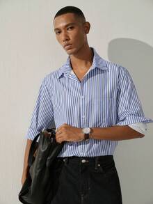 Claim Dot Men's Striped Single-Breasted Casual Pocket Long Sleeve Shirt - Blue - View 5