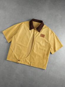 ROMWE MEN Men's Loose Suede Short Sleeve Shirt - Khaki - View 6