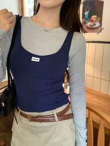 DAZY Women's Letter Print Denim Tank Top And Round Neck Long Sleeve T-Shirt Casual 2-Piece Set - Blue - View 6