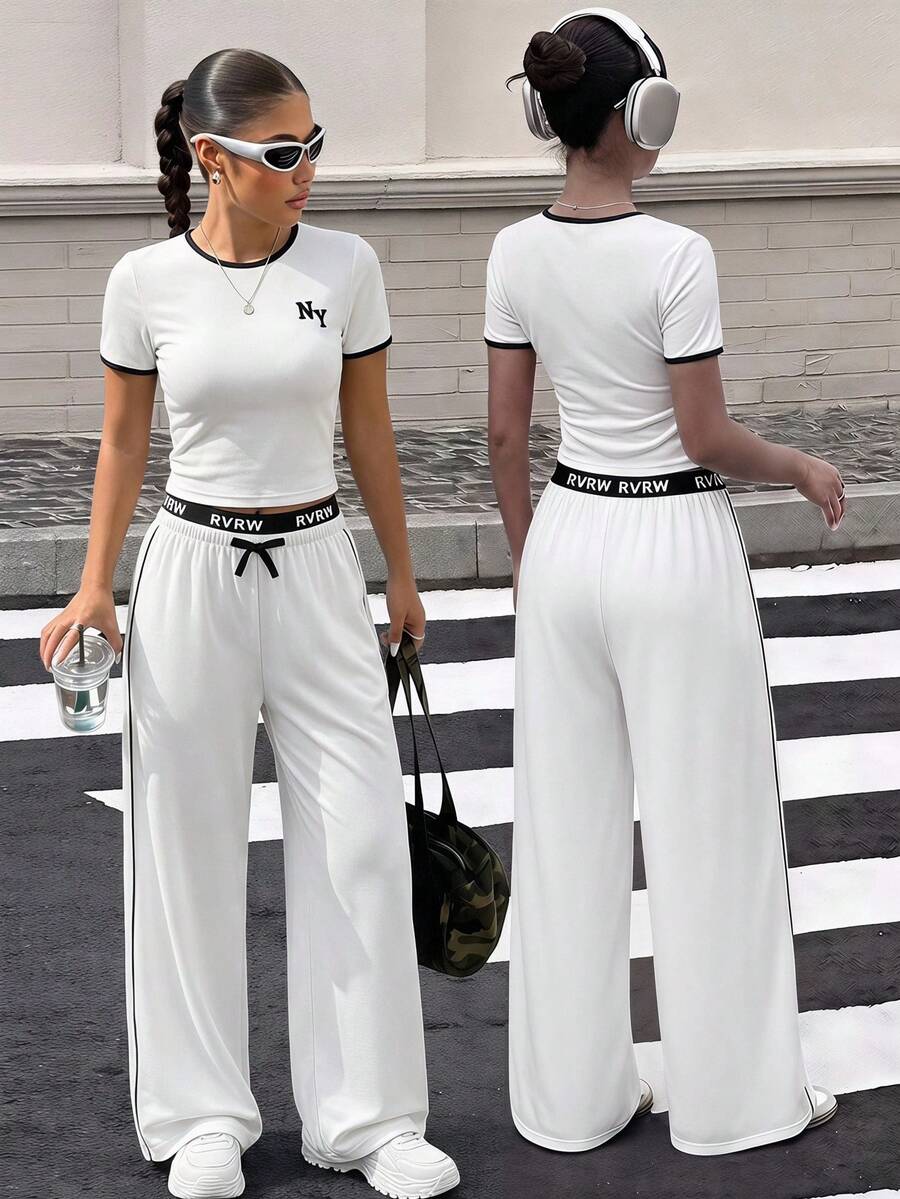 SHEIN 2pcs Teen Short Sleeve Long Pants Set, Bow Ribbon Pink, Suitable For Spring/Summer, Sports And Commuting - White - View 1