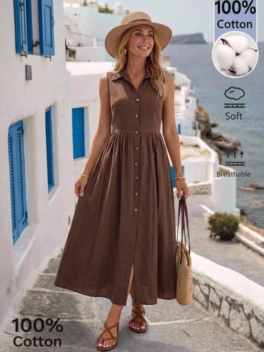 Faunlyn Women's Summer Casual 70s 2000s Solid Color Front Button Sleeveless Dress Vacation Coffee Brown