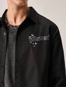 Strevion BATMAN Kemeja Pria Lengan Panjang Longgar Kasual dengan Motif Grafis Minimalis, Cocok untuk Musim Gugur & Musim Panas - Hitam - View 7