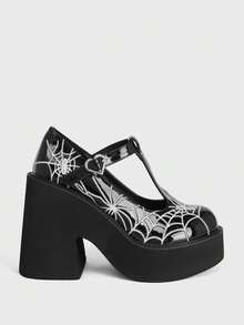 Sugerpunk Women Shoes Fashion Slope Heel Platform Shoes, Punk Style Gothic Street Style Round Toe Thick Sole Embroidery Thread Spider Web Buckle Design - matt carbon black - View 1