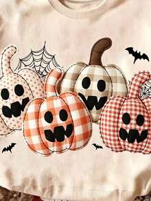 INAWLY Plus Size Halloween Pumpkin Print Sweatshirt Winter - Apricot - View 5