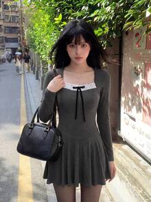 Sweetina 性感甜辣風拼接女款連身裙，冬季收腰 2 合 1 連身裙 - 灰色 - 查看 3