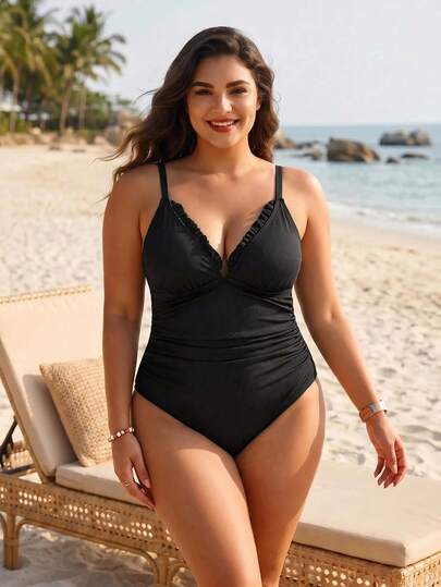 Swim Lushoire Plus Size Black Ribbed V-Neck One-Piece Swimsuit For Women, Tummy Control, Slimming, Ruched, With Padded Cups, For Hot Spring, Vacation, Beach, Swimming