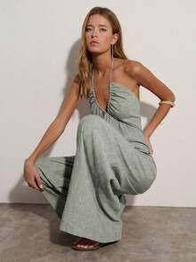 Nöista Women's Solid Color Deep V-Neck Wide Leg Loose Casual Halter Neck Jumpsuit - Army Green - View 3