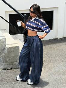 StreetHx Women's Casual Streetwear Washed Blue And White Stripe Curved Leg Jeans Everyday Going Out Summer - Blue - View 9