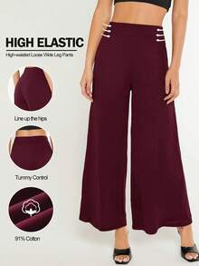 SHEIN BASICS 女款純色時尚百搭寬鬆寬腿褲 夏季女裝套裝 - 酒紅色 - 查看 7