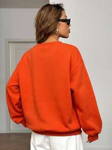 SHEIN EZwear 女款純色不對稱肩休閒百搭日常長袖衛衣 - 橘色 - 查看 2