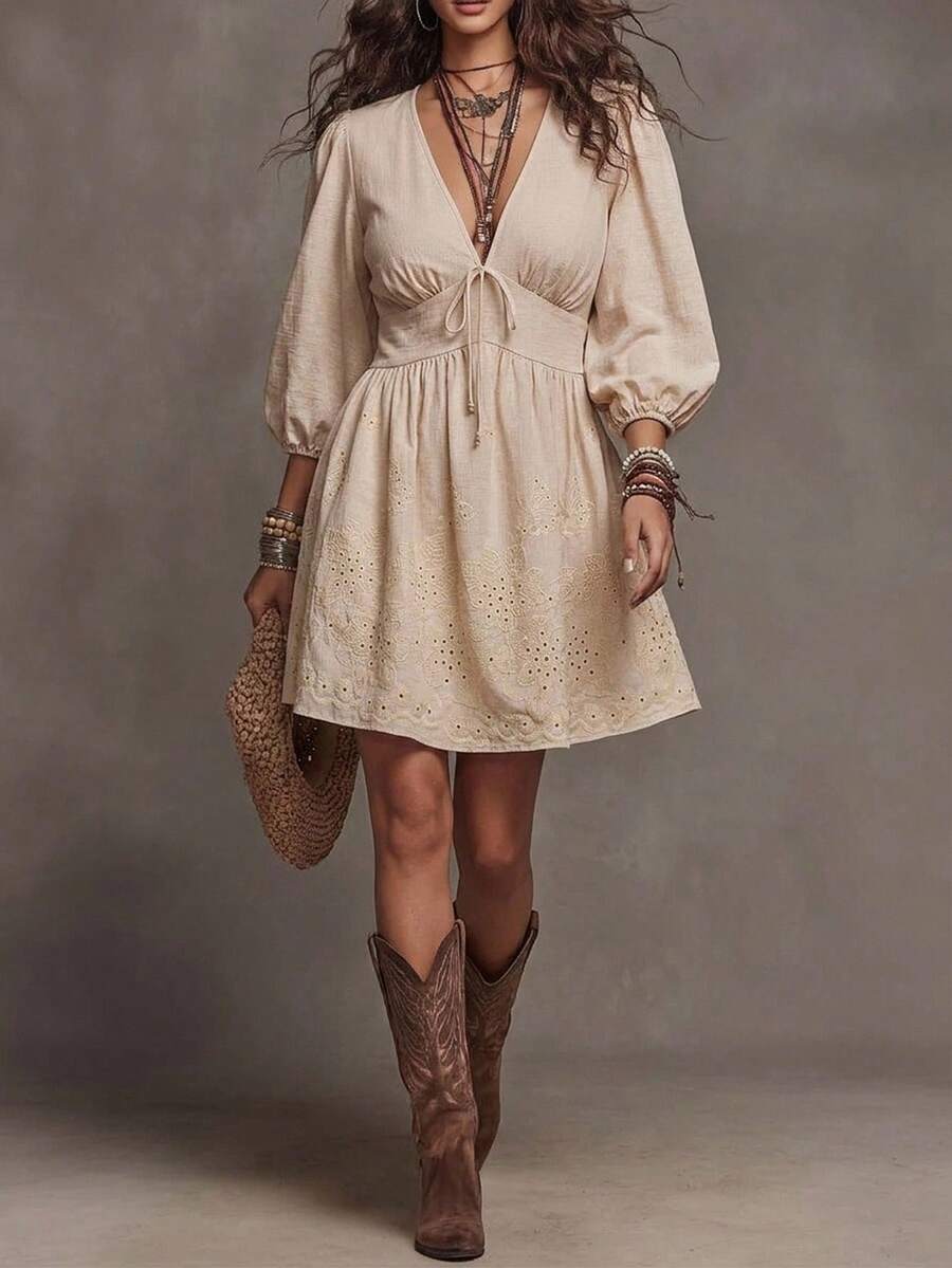 Freevana 大尺碼女款素色前綁帶燈籠袖鏤空刺繡休閒洋裝 - 杏色 - 查看 1