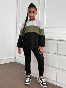 SHEIN Tween Girls Casual Colorblock Ribbed Long Sleeve Top And Pants 2 Pieces Set - Green - View 1